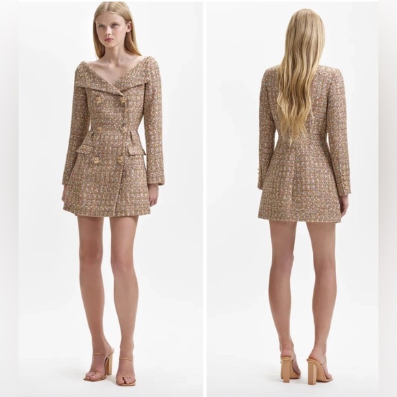 Self-Portrait Gold Tinsel Boucle Off Shoulder Tweed Mini Dress NWT - Picture 3 of 10